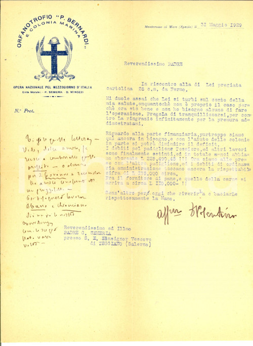 1929 MONTEROSSO AL MARE Orfanotrofio Bernardi - Lettera don VERRUA Padre SEMERIA 1929 MONTEROSSO AL MARE Orfanotrofio Bernardi - Lettera don VERRUA Padre SEMERIA